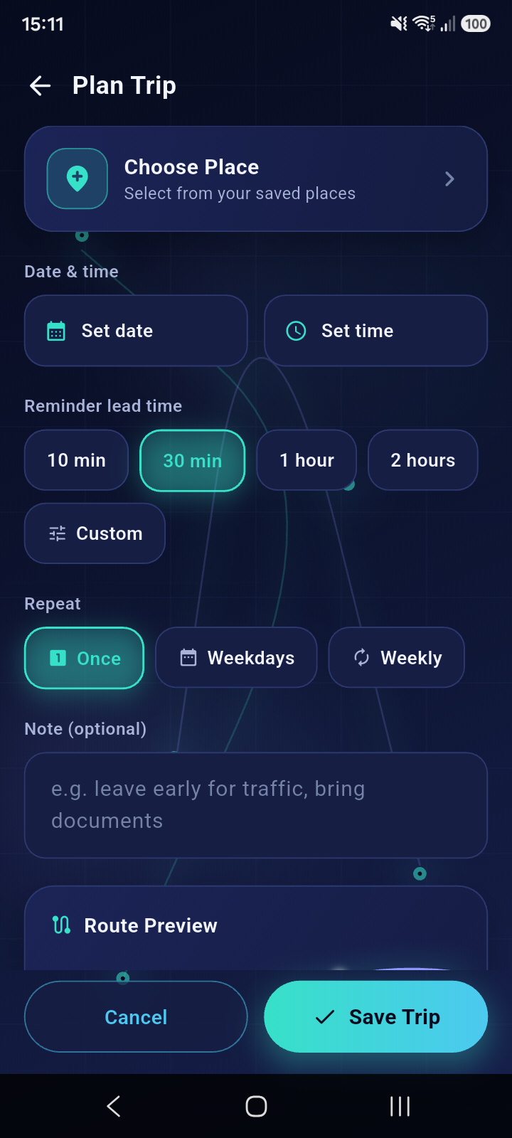 Map Reminder trip planning screen